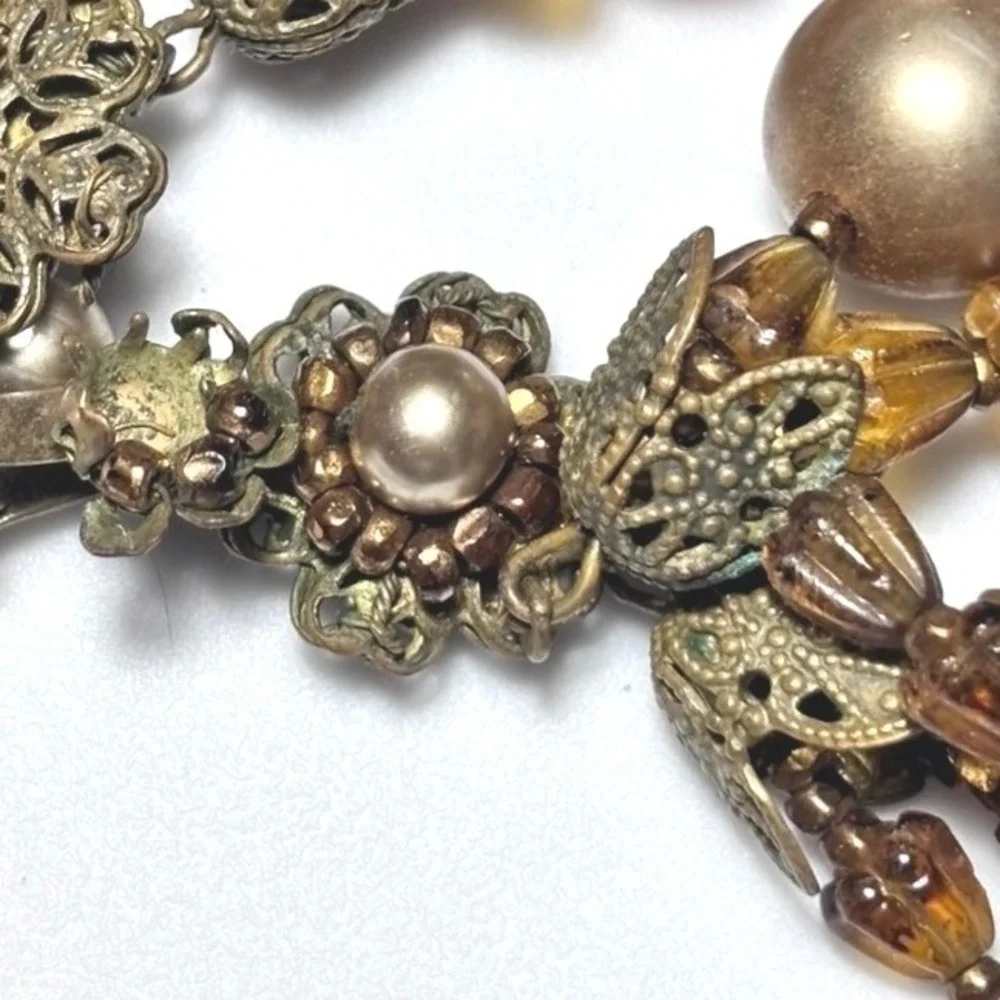 Vintage Miriam Haskell 5-Strand Necklace Amber Glass Pearl Signed Designer 50s